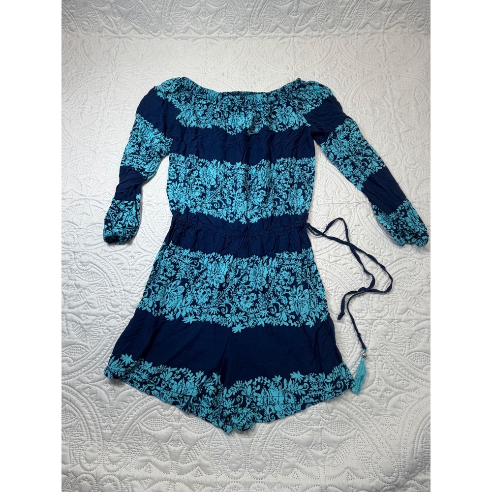 Spiaggia Dolce Navy Aqua Floral Off Shoulder Romper Tassel Tie Small